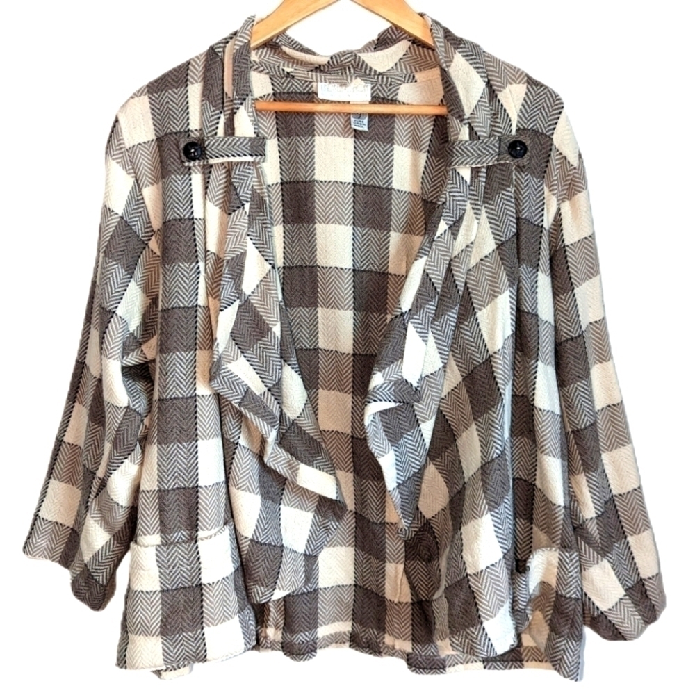 Vintage LINDA LUNDSTROM Plaid Neutrals Virgin Wool Open Front Blazer Medium